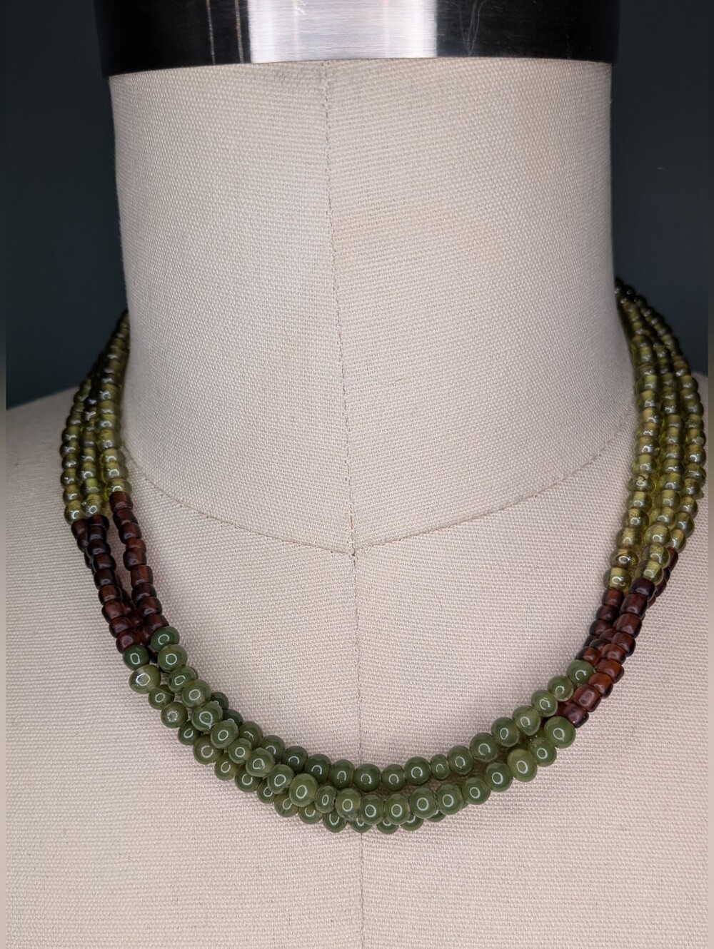 Boho Earthy Multi Strand Olive Green & Brown Glass Bead Layered Necklace